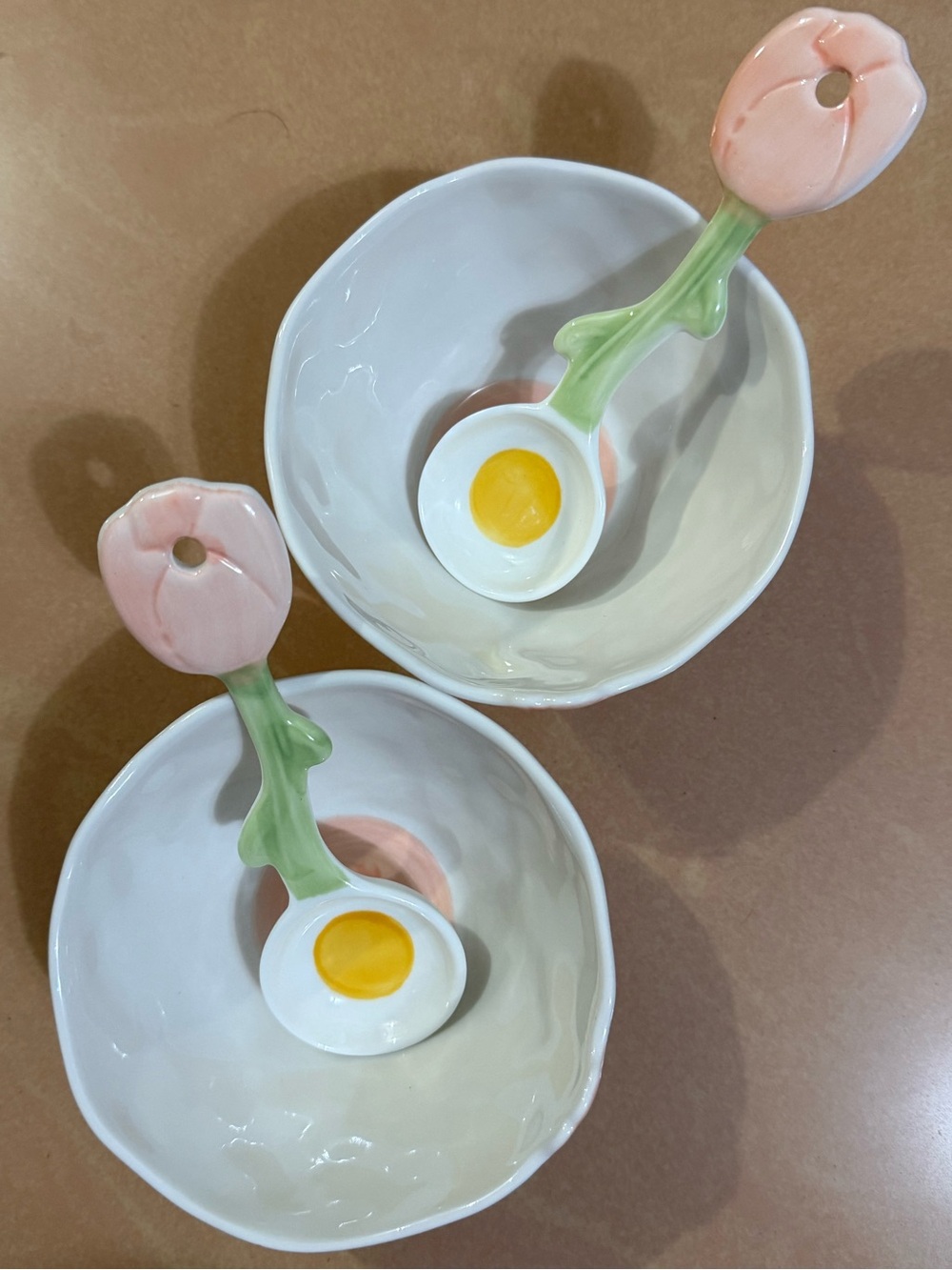 Ceramic Floral Tulip Spoon and Bowl Set - Pink & White